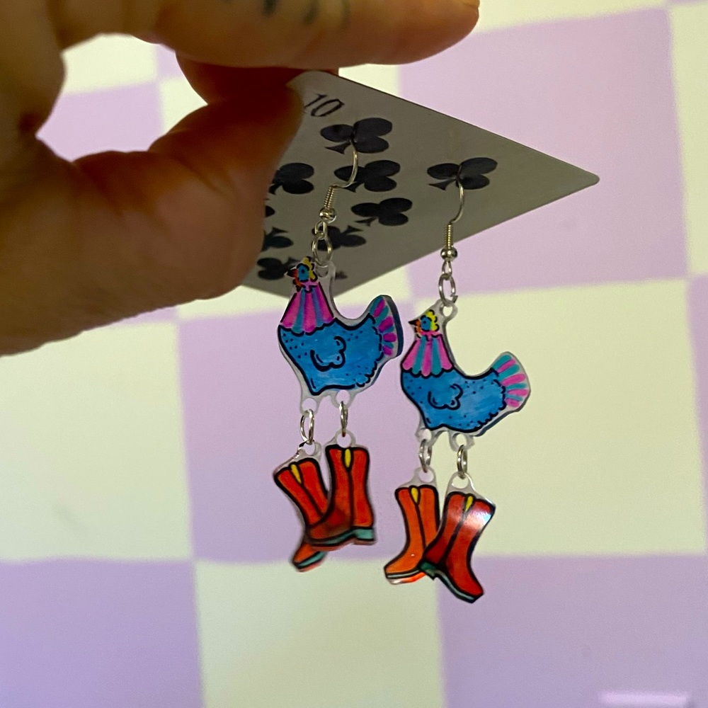 *3 for $12* Handmade Recycled Plastic Chickens in Boots Earrings
